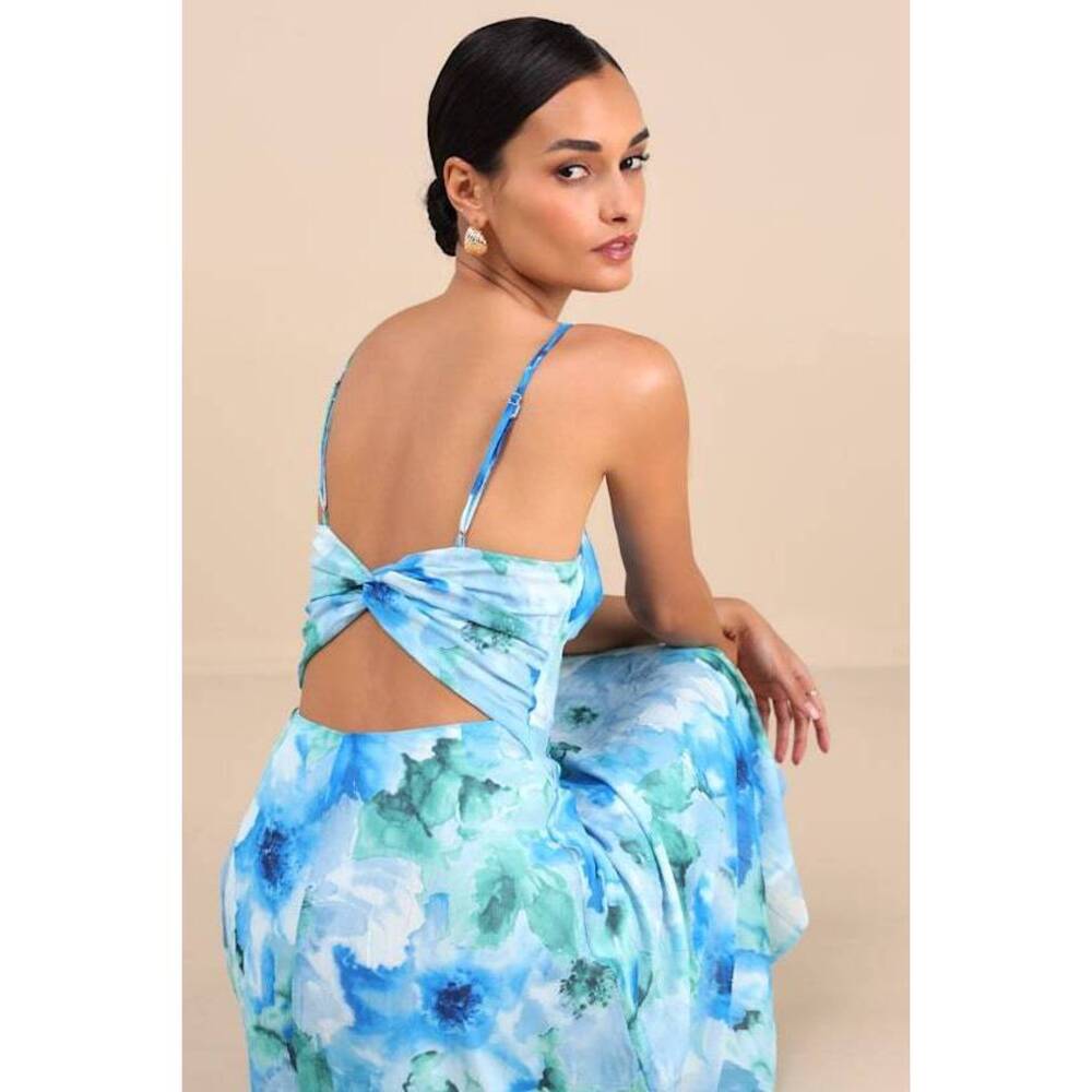 Lulus Radiant Feelings Blue And Green Floral Chiffon Midi Dress - Size S